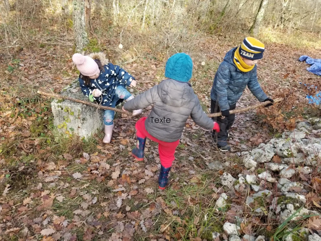 Élèves en activité d'école dehors en forêt